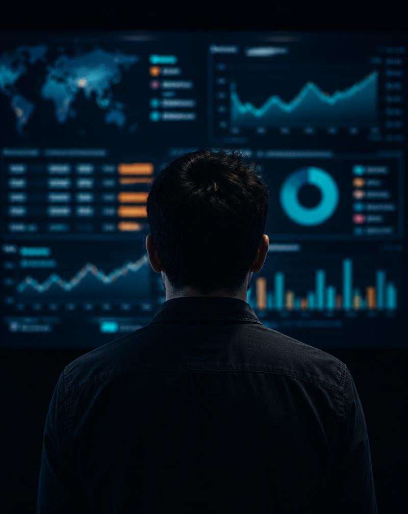 Analyst viewing glowing data visualizations on a dark screen — AI security