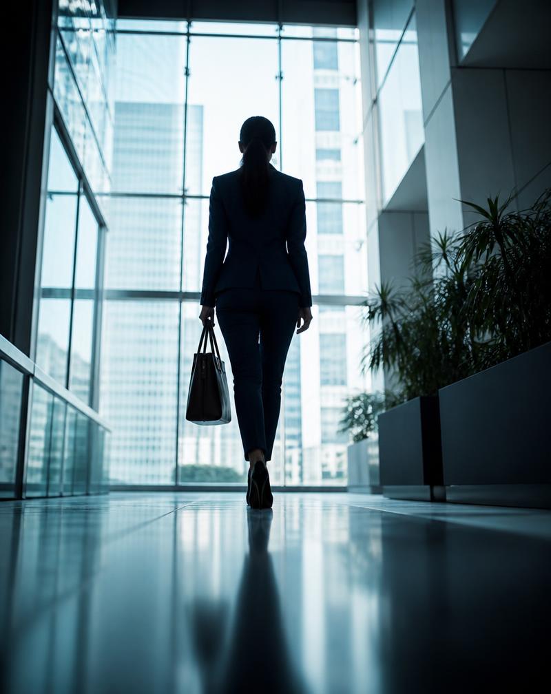 Professional walking through a light-filled atrium — career growth