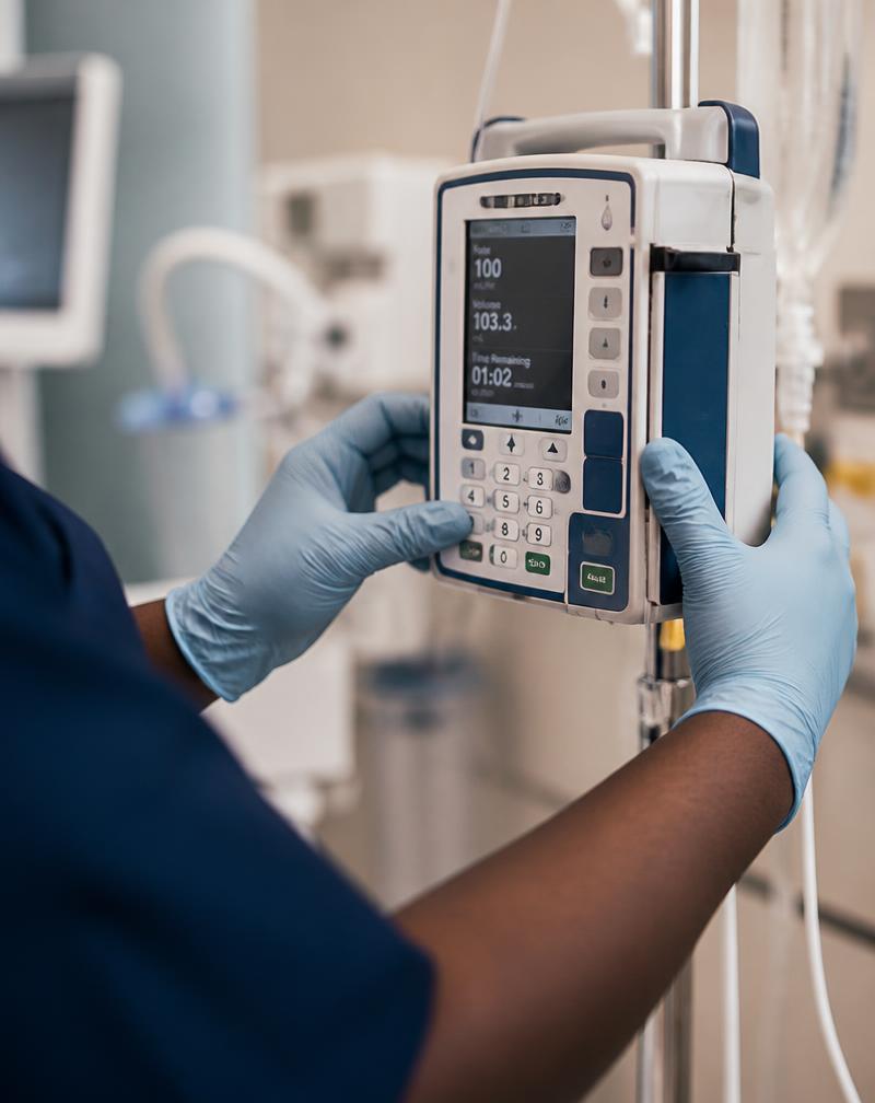 Medical professional's hands adjusting a medical device — MedTech security