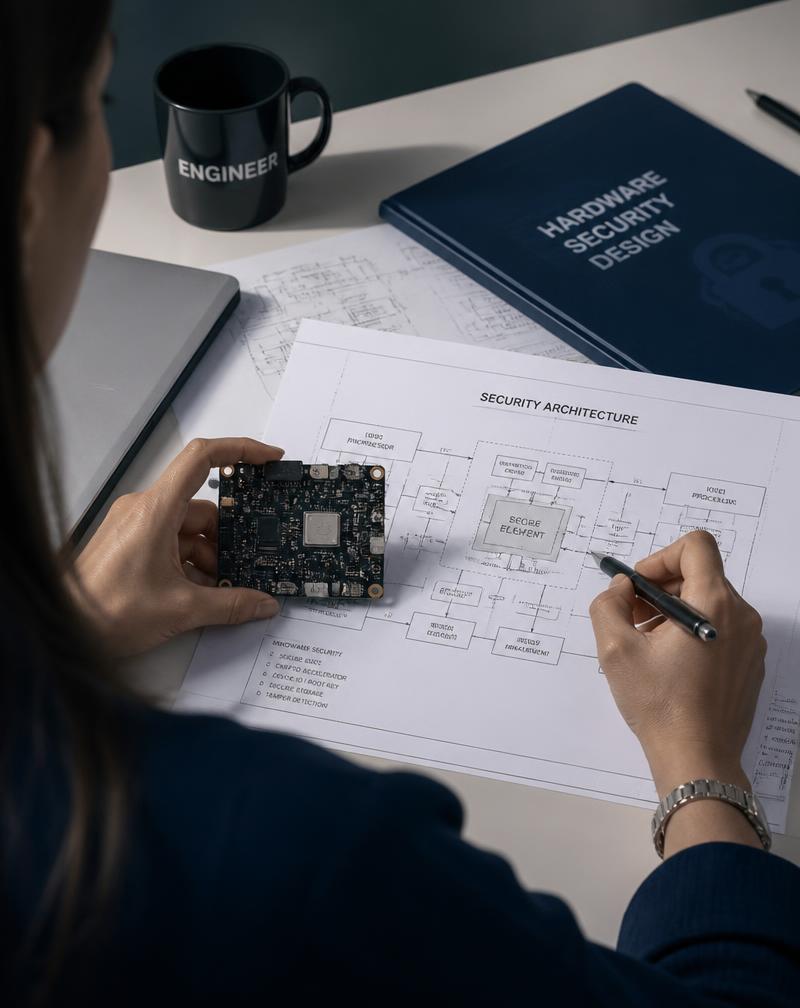 Engineer's hands reviewing hardware security blueprints — product security